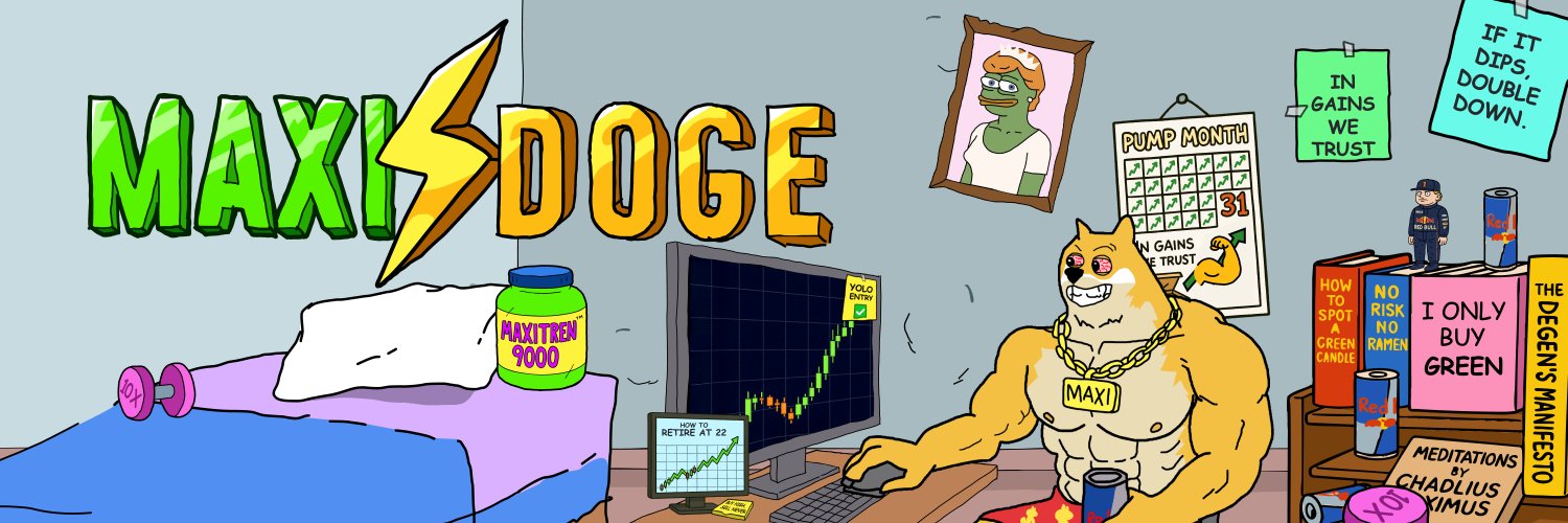 Meme artwork of Maxi Doge trading in his bedroom.
