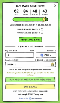 Entering amount and buying $MAXI on the presale site