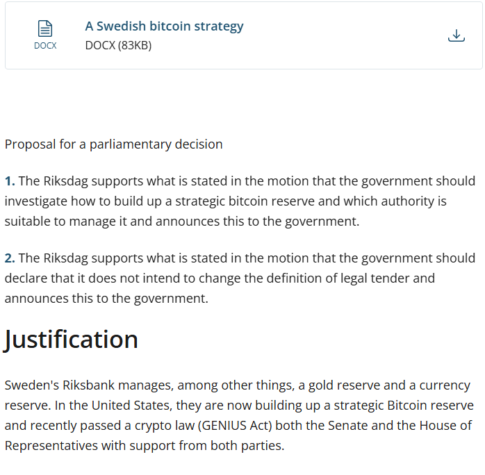 Excerpt from Sweden’s motion looking to implement a Bitcoin strategic reserve.