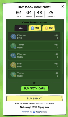 Payment method options on the Maxi Doge presale site