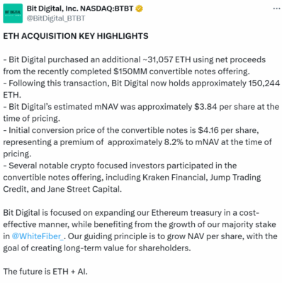 Post on Bit Digital’s official page on X.