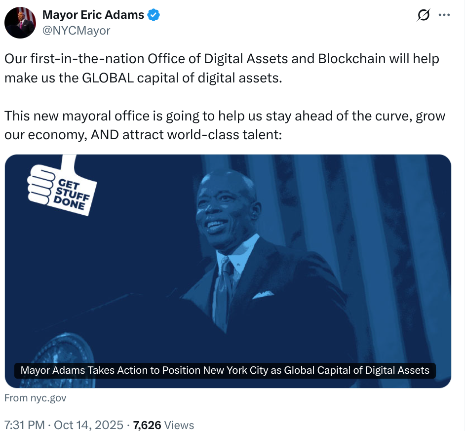 Eric Adams X announcement of the Office of Digital Assets and Blockchain.