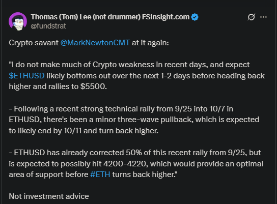 Tom Lee’s Ethereum price prediction on X