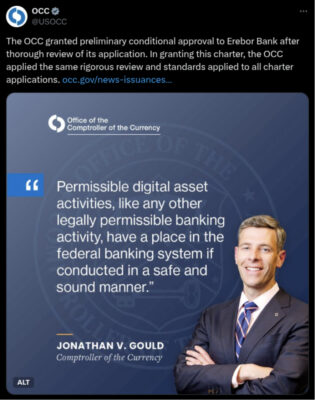 Tweet from X showing the OCC granting preliminary conditional approval to Erebor Bank
