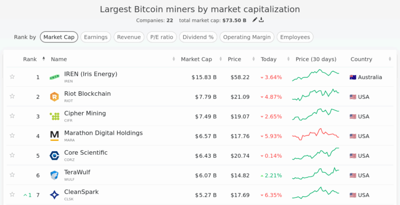 Biggest Bitcoin mining companies by market cap.