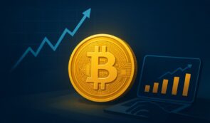 Bitcoin image with computer shownig growth chart and a blue arrow