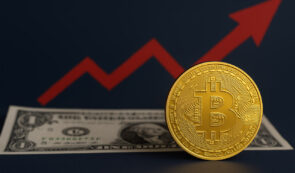 Bitcoin, US dollar bill and a red arrow