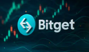 Bitget cryptocurrency exchange logo positioned over a dark trading background with technical price charts.