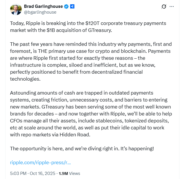 Brad Garlinghouse announces GTreasury purchase.
