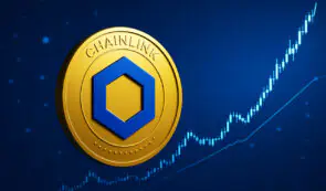 A gold and blue Chainlink cryptocurrency token featured against a blue background with an upward-trending price chart and glowing data lines.