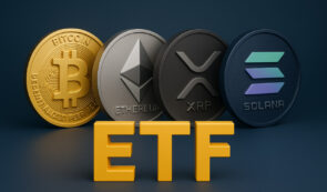 BTC, ETH, XRP and SOL tokens and a yellow ETF sign