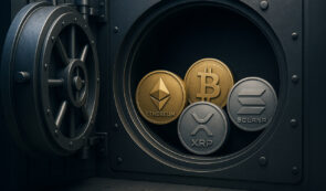 Vault with Bitcoin, ethereum, xrp and solana tokens