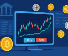 Digital trading platform display featuring a candlestick chart, buy and sell buttons, and various cryptocurrency tokens.