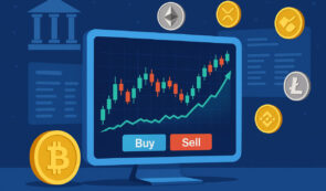 Market chart and buy sell buttons on a screen wiith floating crypocurrency around it