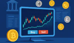 Market chart and buy sell buttons on a screen wiith floating crypocurrency around it