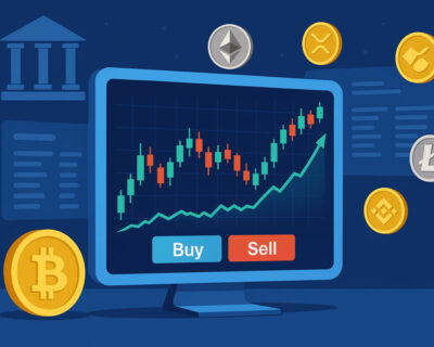 Digital trading platform display featuring a candlestick chart, buy and sell buttons, and various cryptocurrency tokens.