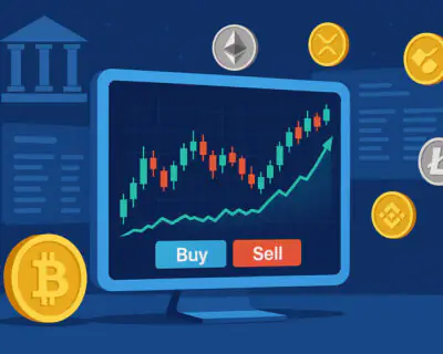 Digital trading platform display featuring a candlestick chart, buy and sell buttons, and various cryptocurrency tokens.