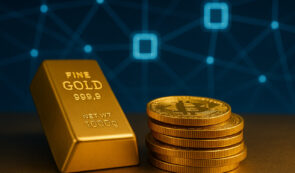 Gold bar and Bitcoin - Blockchain background