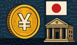 An illustration of a gold Japanese Yen coin next to a bank building flying the flag of Japan against a dark circuit board pattern background.