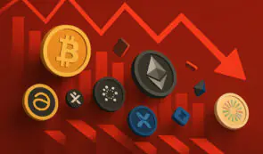 Various cryptocurrency coins falling against a red background with downward-trending chart arrows representing a market crash.