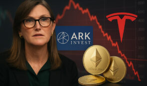 Ark invest logo, Cathie Wood, Tesla logo and Ethereum tokens