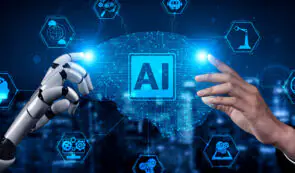 Digital illustration featuring a robot hand and a human hand touching a glowing AI neural network brain interface.