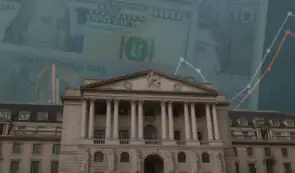 BoE buildin with dollar and pound bills in the background