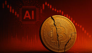Broken Bitcoin and an AI chip - red downtrend background