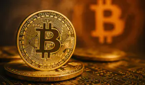 A close-up editorial photo of physical gold-colored Bitcoin coins resting on a circuit board surface with a glowing Bitcoin symbol in the background.