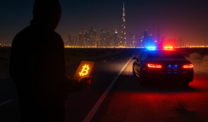 Criminal with phone and Bitcoin on it and a Police car on a desert highway next to a city