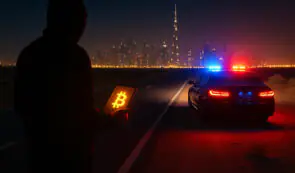 Criminal with phone and Bitcoin on it and a Police car on a desert highway next to a city
