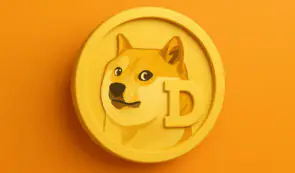 A yellow and orange Dogecoin token featuring the Shiba Inu dog face and letter D symbol against a solid orange background.