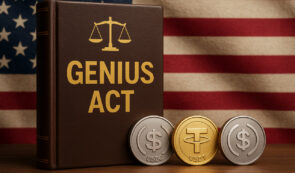 Genius Act tome, US flag in the background and stablecoins infront