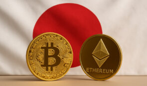 Bitcoin and Ethereum tokens and Japan Flag in the background