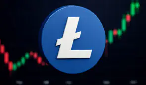 Digital chart featuring a blue Litecoin token overlaid against a dark background with green and red price candlestick bars.