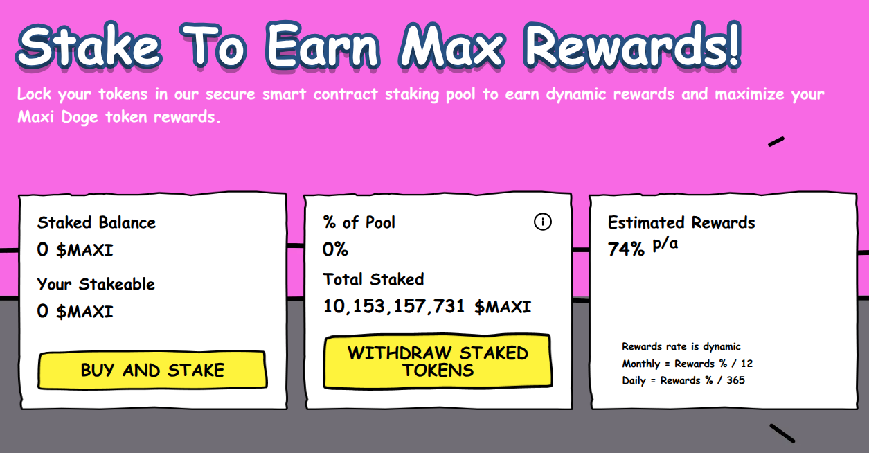 Maxi Doge staking information showing the amount staked.