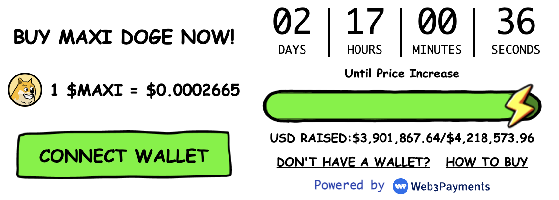 Maxi Doge website widget showing current price.