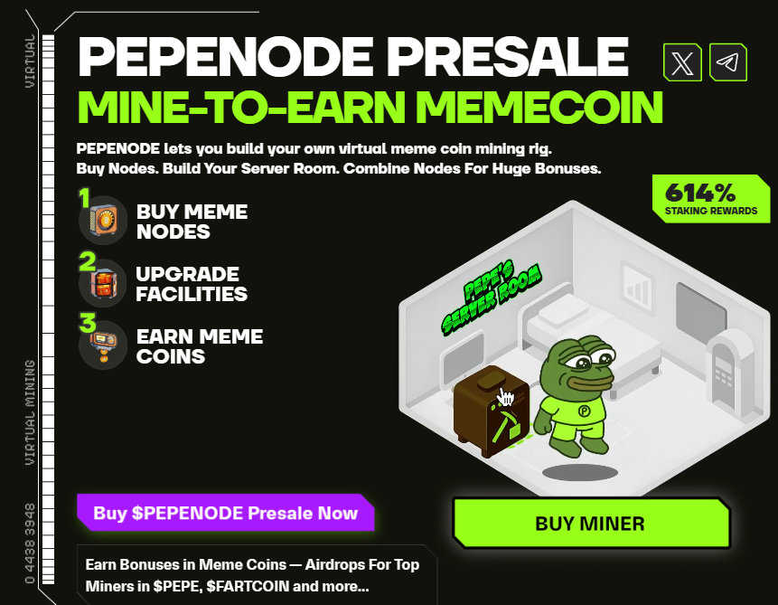 PepeNode presale with mine-to-earn mechanism.