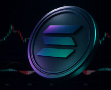 A 3D rendered Solana (SOL) physical coin token against a dark background with blurred cryptocurrency trading charts.