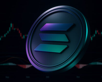 A 3D rendered Solana (SOL) physical coin token against a dark background with blurred cryptocurrency trading charts.