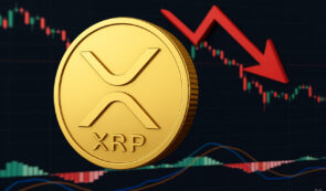 A gold XRP coin illustration set against a downward-trending price chart with a red falling arrow.