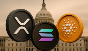 XRP, Solana and Cardano tokens infront of U.S. Capitol