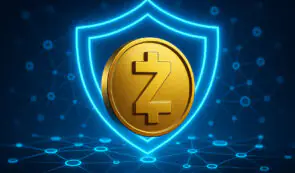 Golden Zcash (ZEC) coin centered inside a glowing blue shield against a digital network background.