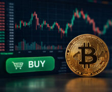 Bitcoin and market chart with buy button in the background