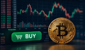 Bitcoin and market chart with buy button in the background