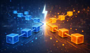 A digital illustration showing a blockchain splitting into two distinct paths with blue and orange glowing blocks separated by a lightning bolt.