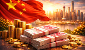 China flag, yuan banknotes, stacked coins