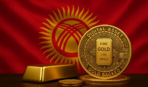 Kyrgyzstan flag, gold bars, and gold digital coin