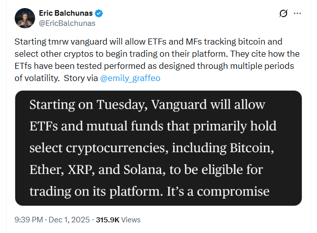 Vanguard changes position, allows investment into crypto ETFs.