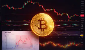 Bitcoin with charts as background